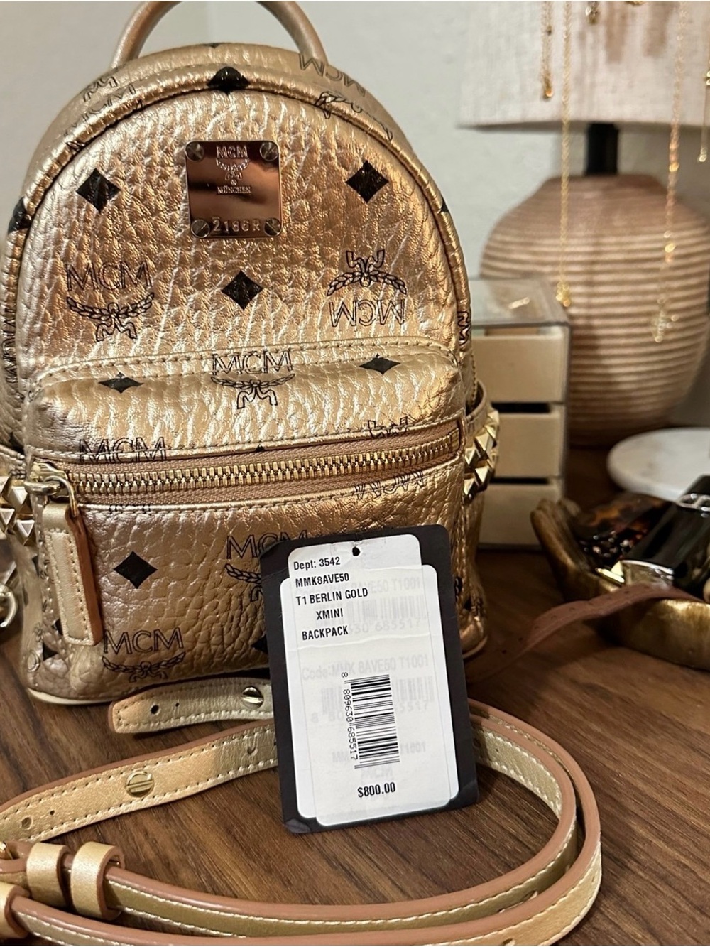 MCM Metallic Gold Mini Backpack with Stud Accents